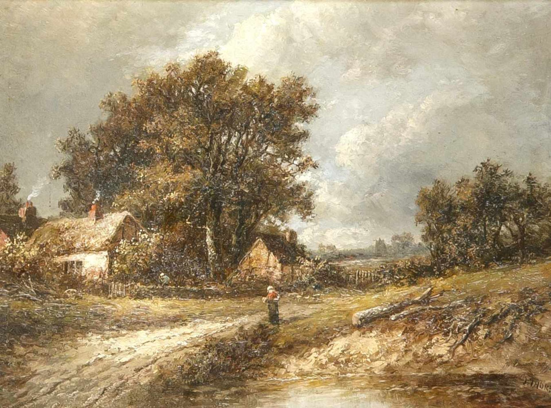 Joseph Thors (tätig 1863-1900), aufziehendes Unwetter über bäuerlicher Siedlung mit Frauam Weiher,