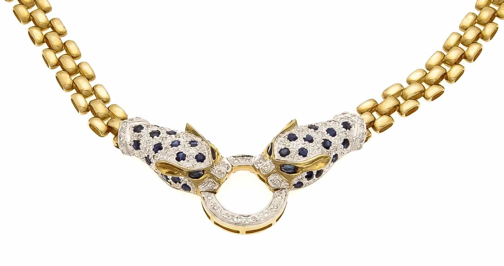 Saphir-Diamant-Collier GG/WG 585/000 Darstellung zweier Leopardenköpfe mit 38 rund fac.Saphiren 1,