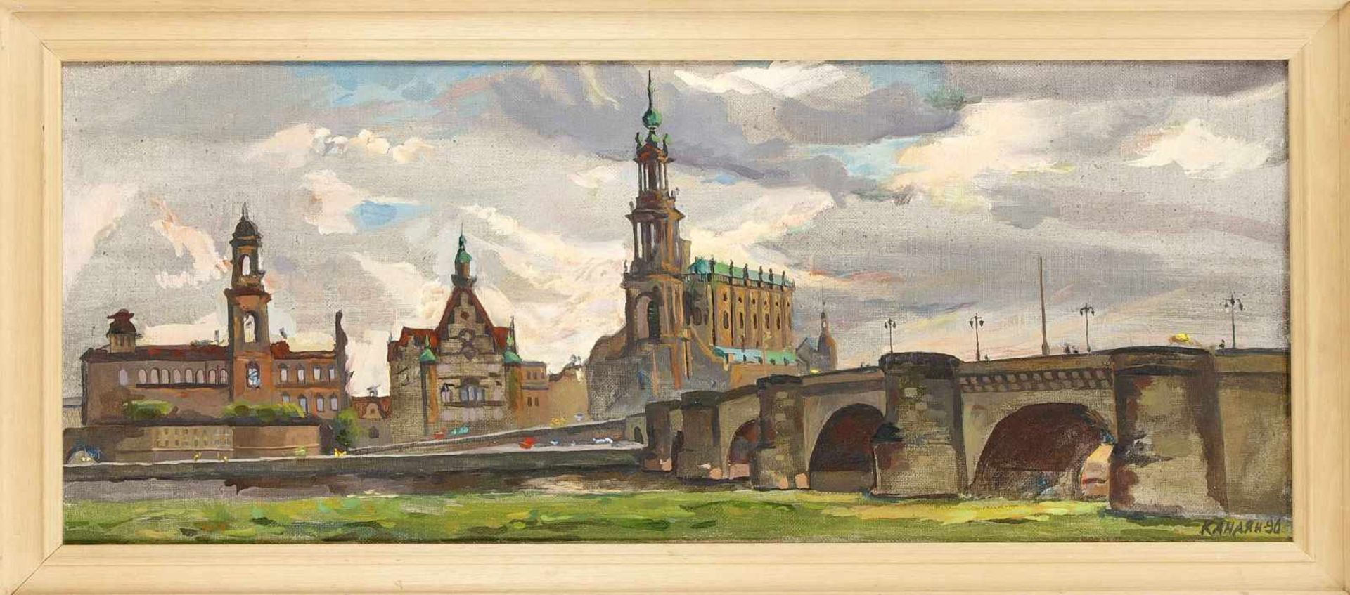 Russischer Maler Ende 20. Jh., Panorama-Ansicht von Dresden, Öl auf Lwd., u. re.kyrillisch sign. u