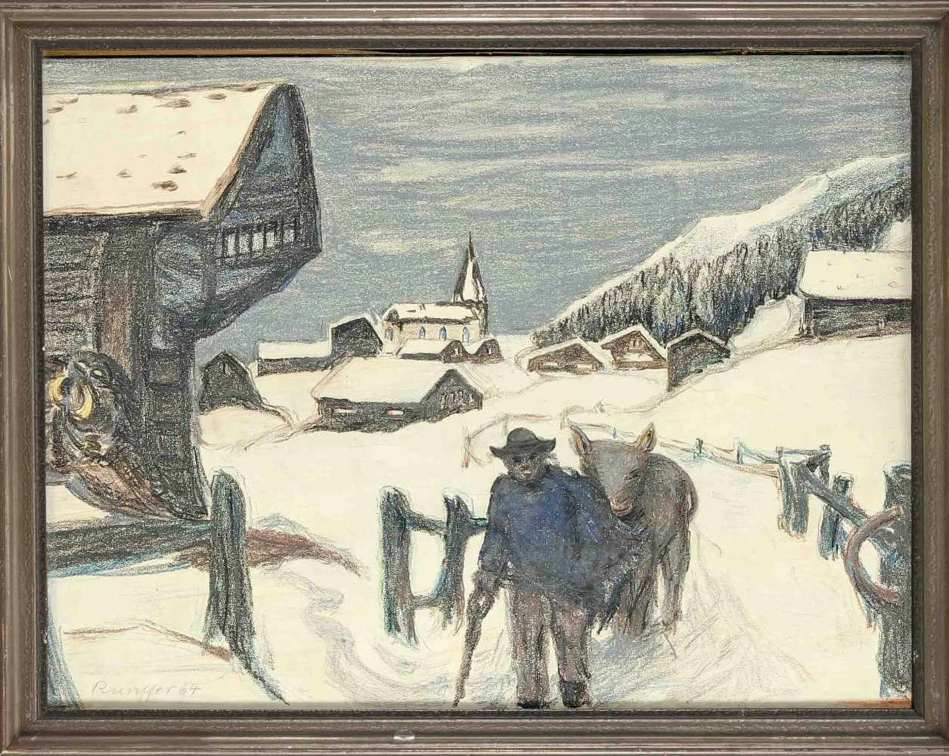 Sign. Runster, süddt. Künstler Mitt 20. Jh., expressive Darstellung eines bayrischenDorfes im Winter