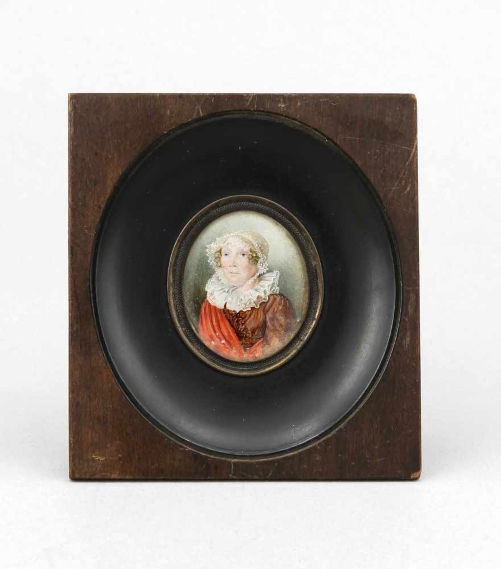 Miniatur auf Beinplatte, Deutschland, 1. H. 20. Jh., Portrait einer Frau, dunklerHolzrahmen, 11 x 10