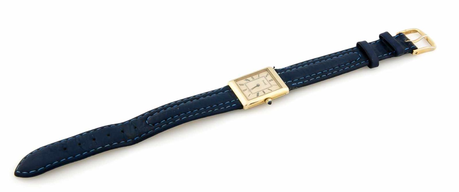 Damenuhr Piaget Handaufzug, 750 Gehäuse mit blauem Lederband, Uhrwerk läuft, Gehäuse20x26mm, - Bild 3 aus 3