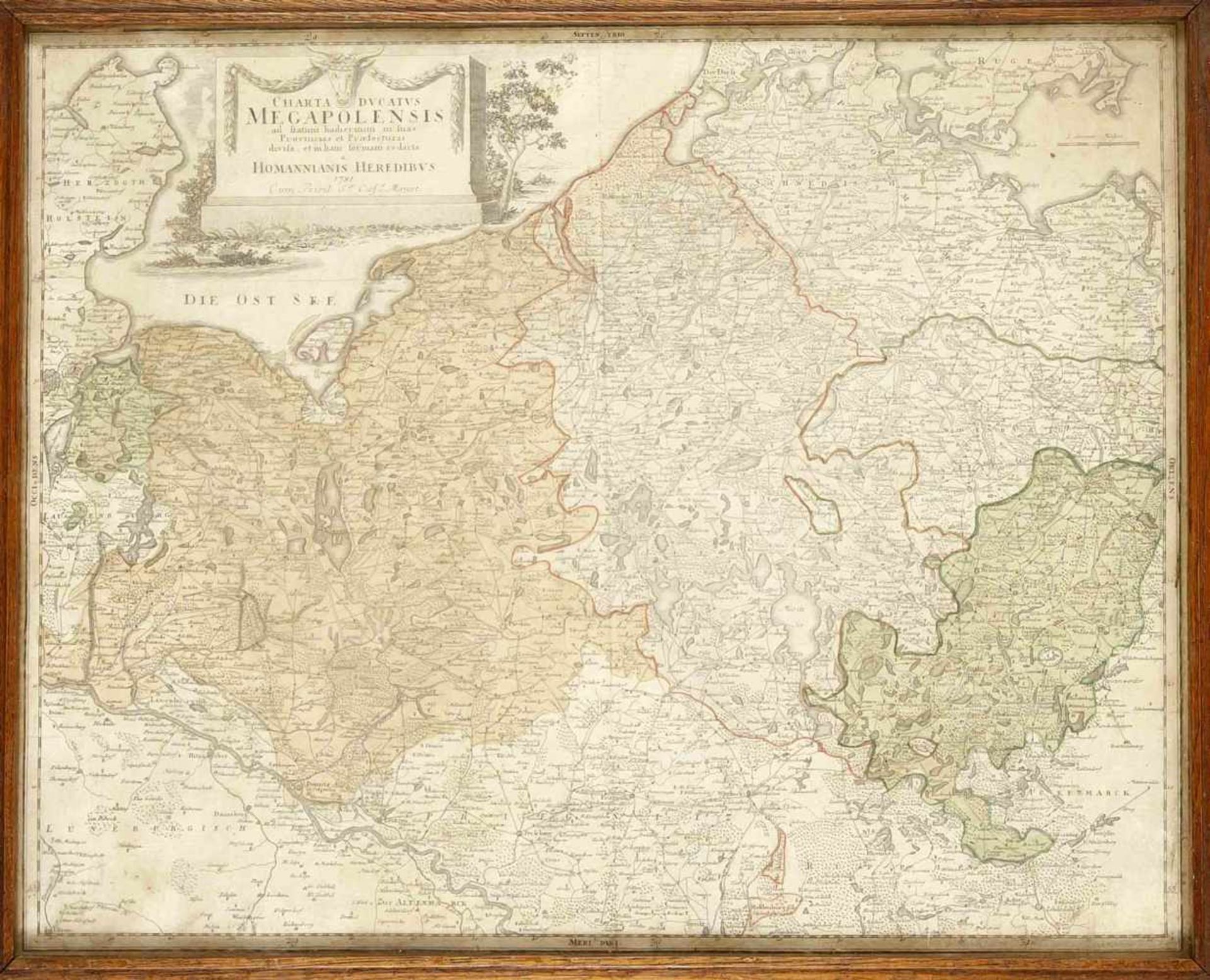 Historische Karte von Mecklenburg, 18. Jh., "Charta ducatus Megapolensis", teilkol. Kupferbei Homann