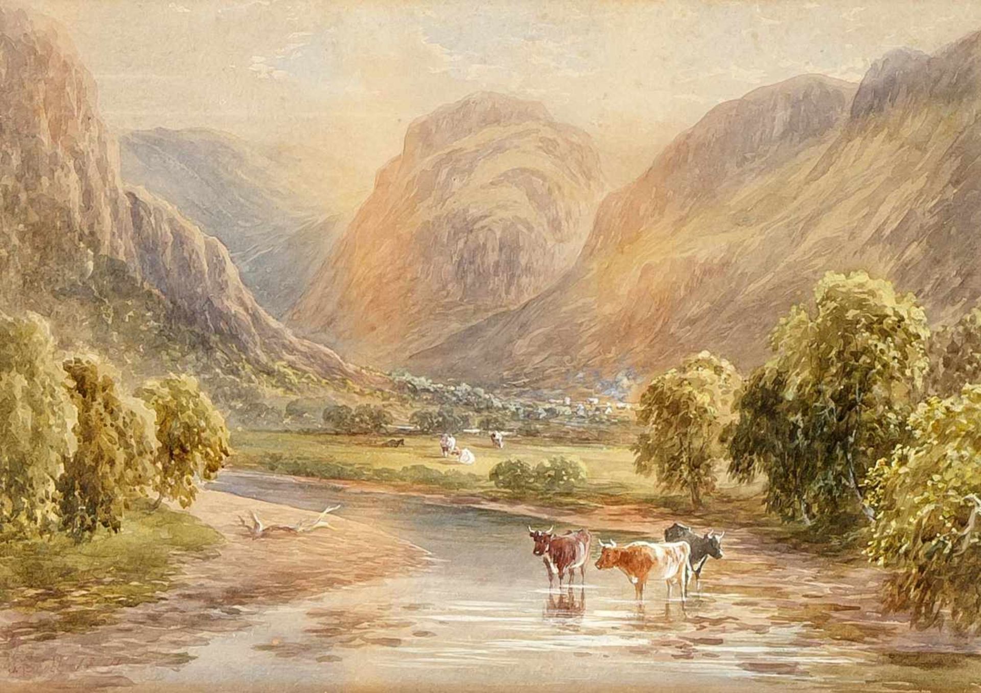 J. Scott (1802-1885), britischer Künstler des 19. Jh., Kühe am Fluss in bergigerLandschaft,