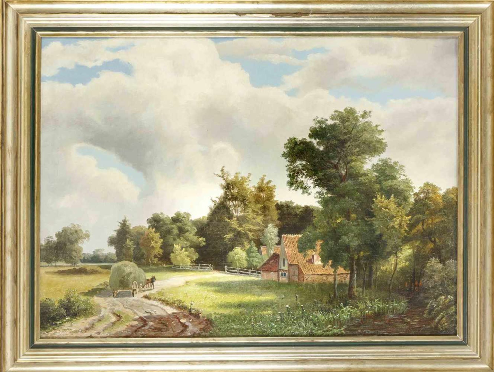 Carl Wünneberg (1850-1929) (attrib.), sommerliche Landschaft mit Heuwagen vor einemkleinen Hof am
