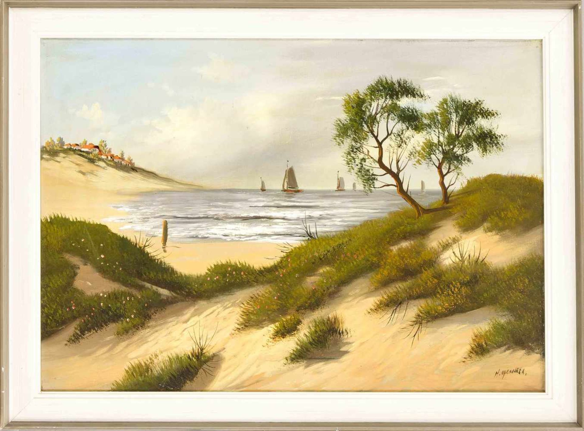 Herman Openneer (1906-1986), niederländischer Landschaftsmaler, Dünen an der Küste mitSeglern im