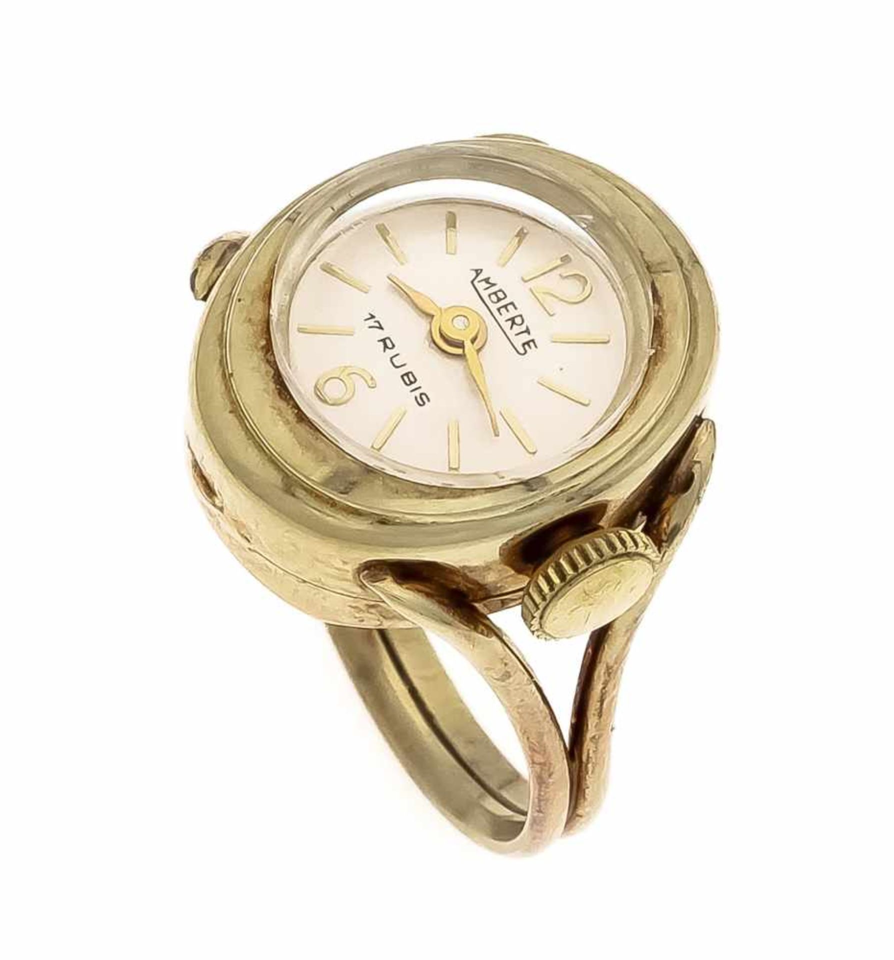 Uhren-Ring GG 585/000 mit einer Uhr, Amberte, Handaufzug, 17 Rubine, D. 17 x 16 mm, läuft,RG 54, 6,2