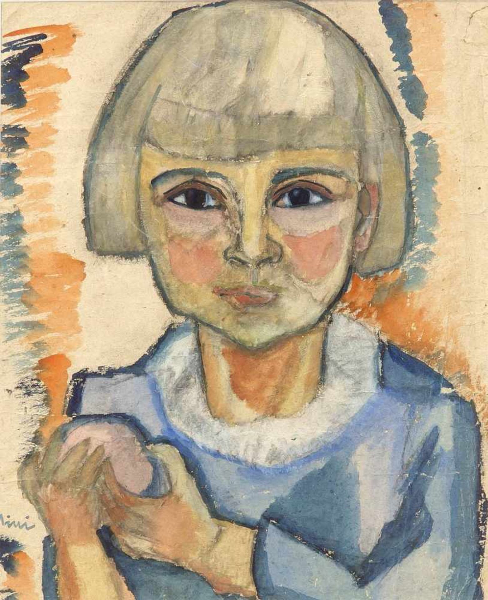 Expressionistin um 1910, Portrait eines Mädchens mit Frucht in ihren Händen, Aquarell aufPapier,