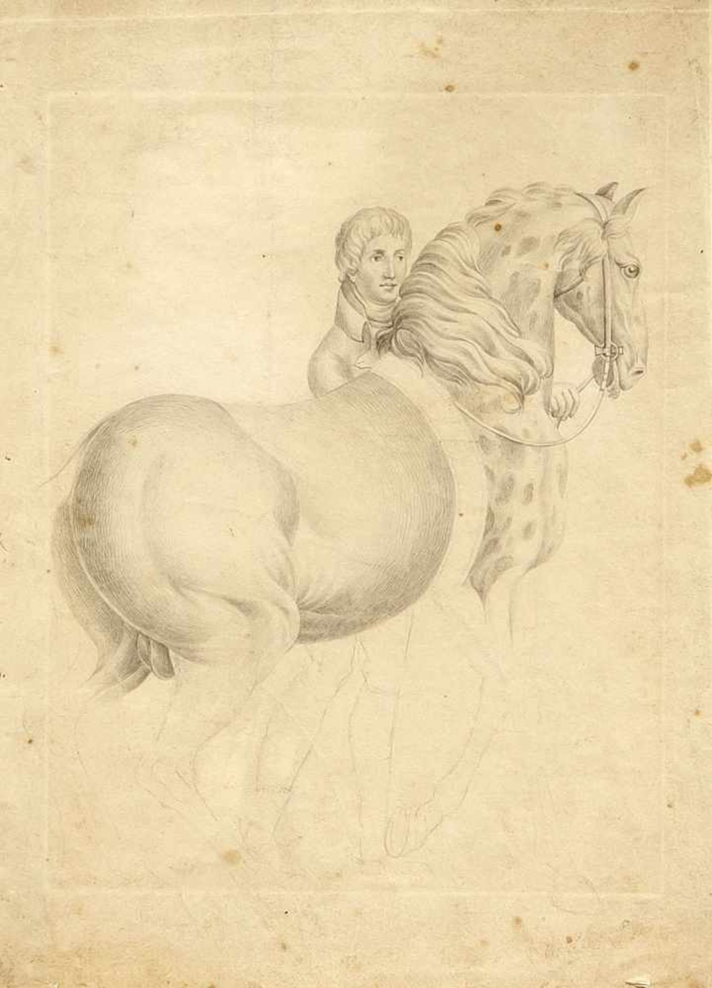 Anonymer Künstler Anfang 19. Jh., Pferd von Reiter geführt, Bleistiftzeichnung auf Papier,