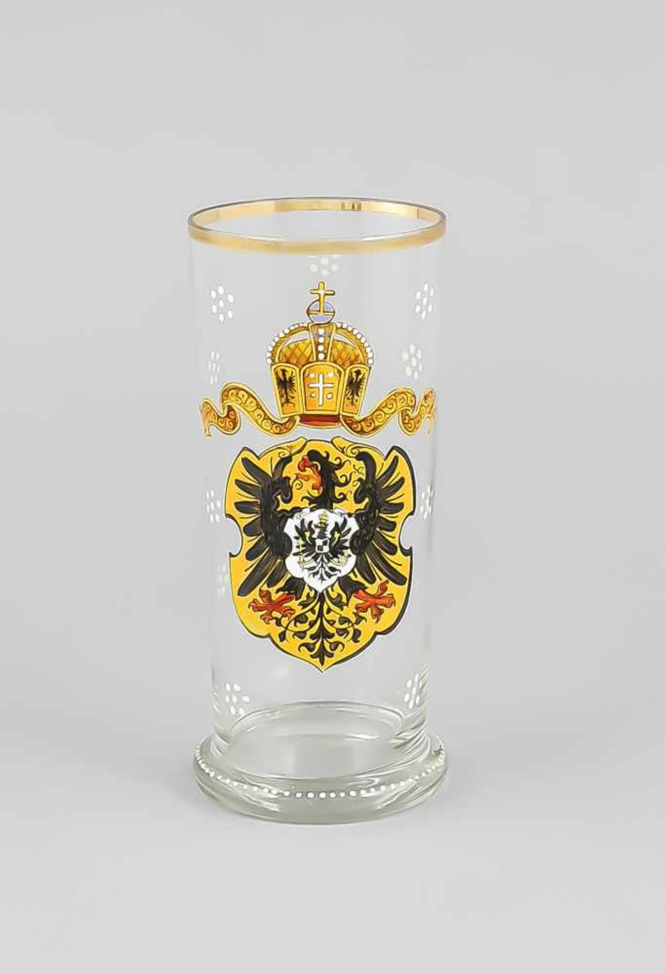 Wappenglas, 20. Jh., runder gewulsteter Stand, zylindrischer Korpus, klares Glas, mitpolychromer