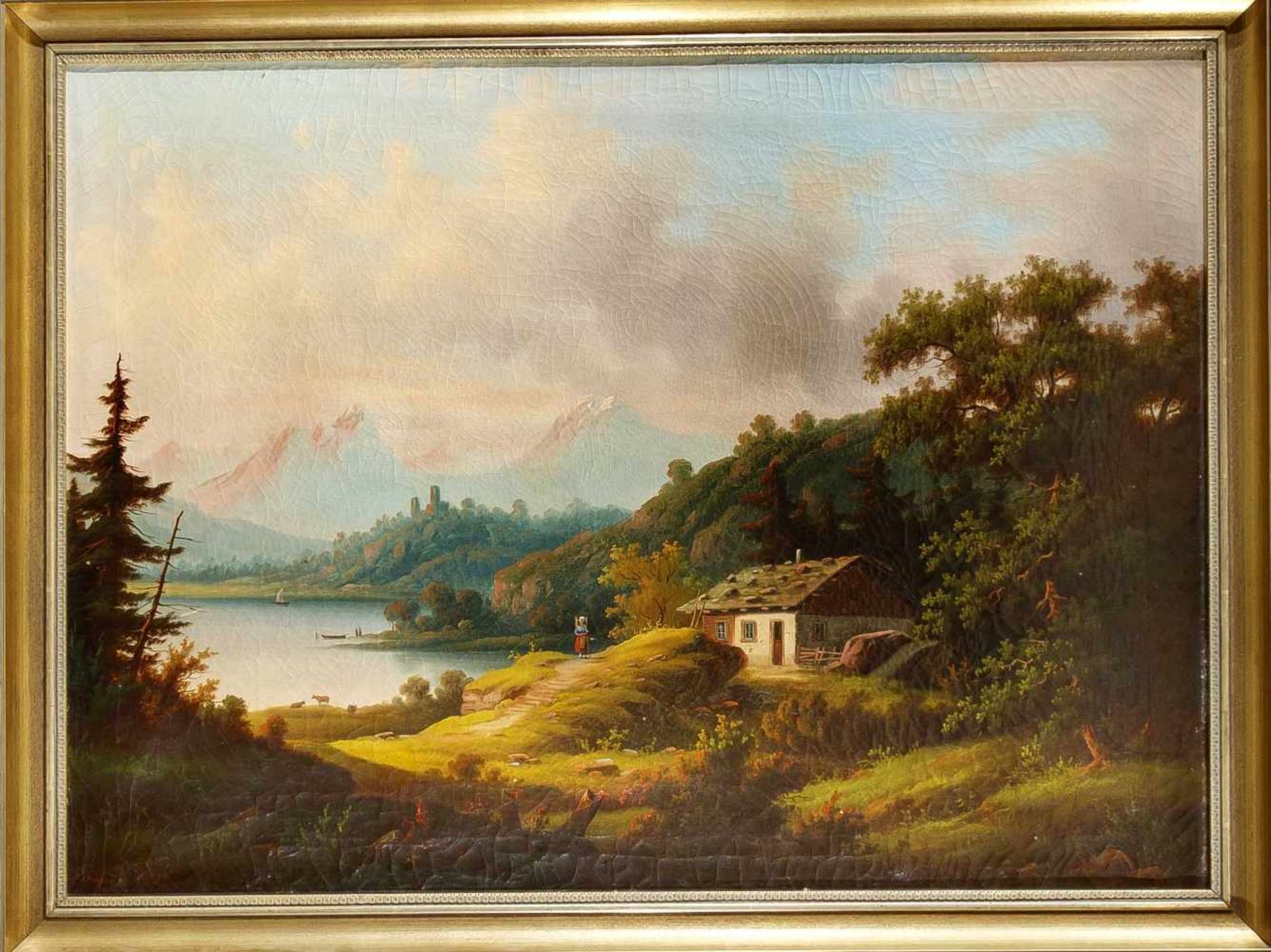A. Magnus, Landschaftsmaler, um 1900, Große alpine Landschaft mit Bauernhaus am See, Ölauf Lwd.,