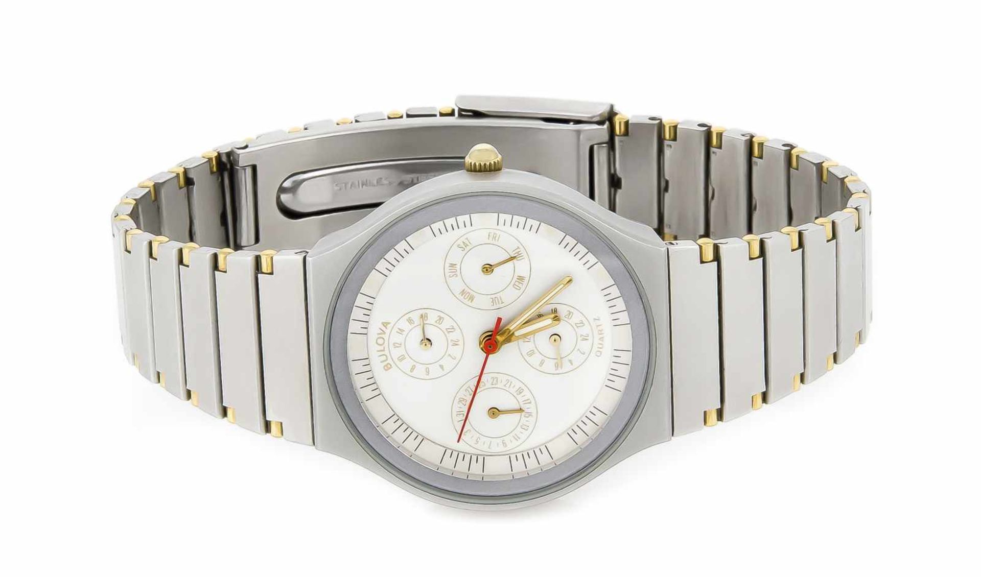Bulova Uhr, Quarz, bicolor, mit Metallband und Faltschließe, weißes Zifferblatt mitBalken, - Bild 2 aus 3