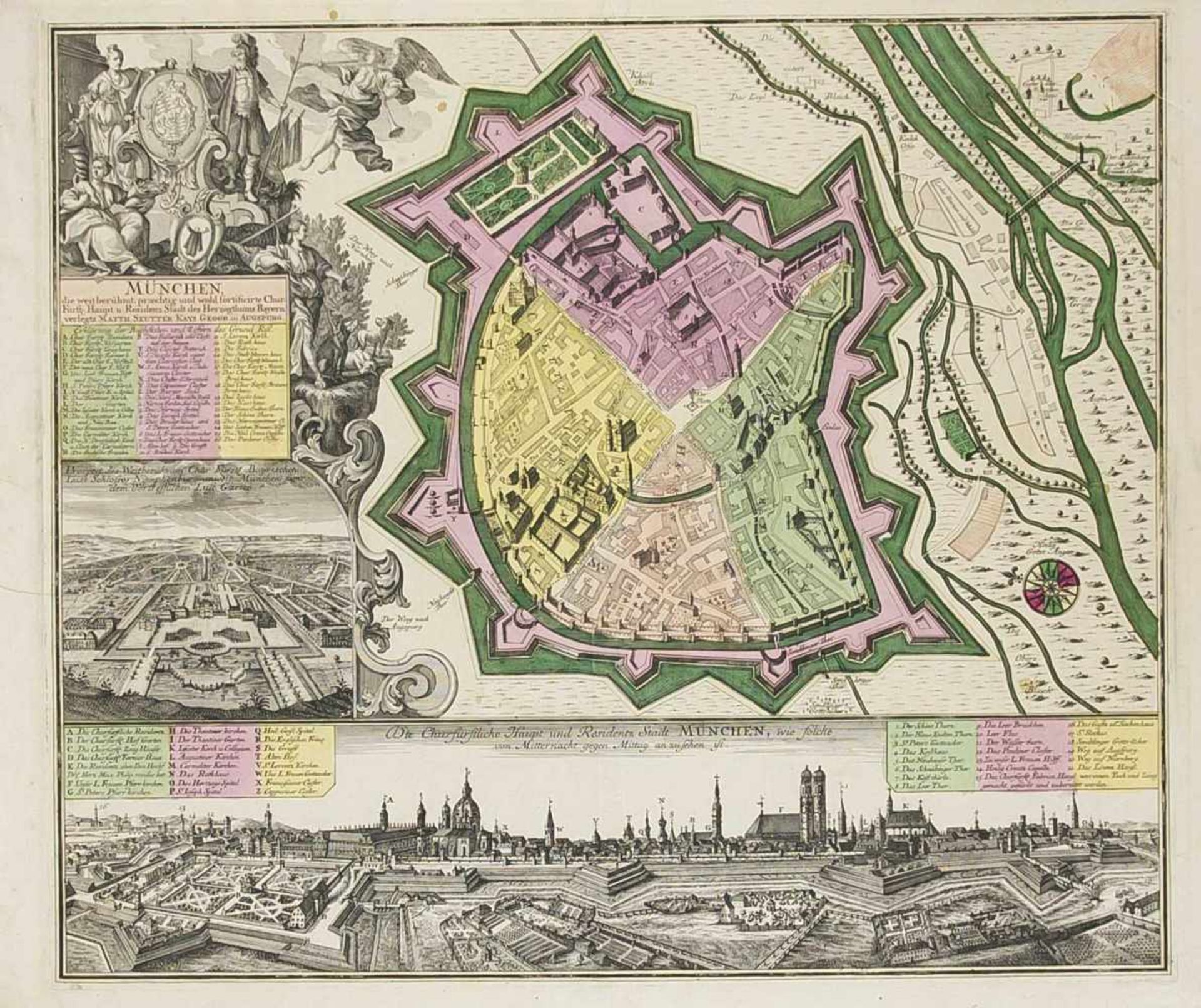 Historische Ansicht von München, Matthäus Seutter (1678-1757), "München, die weit berühmt,