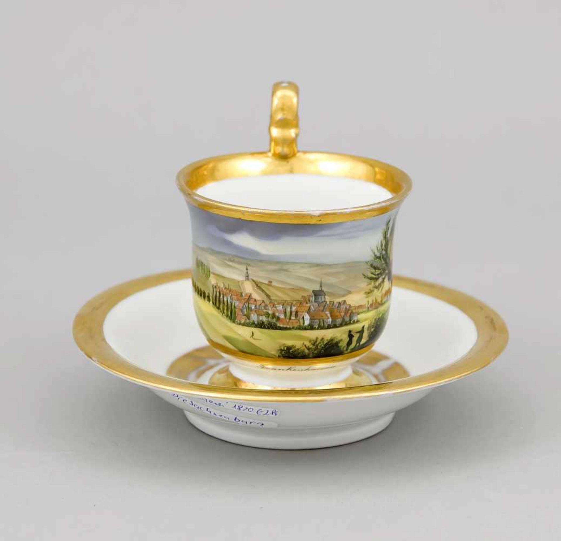 Biedermeier Tasse mit UT, deutsch, um 1820, polychrome Ansichtenmalerei, u. bez.Frankenhausen,