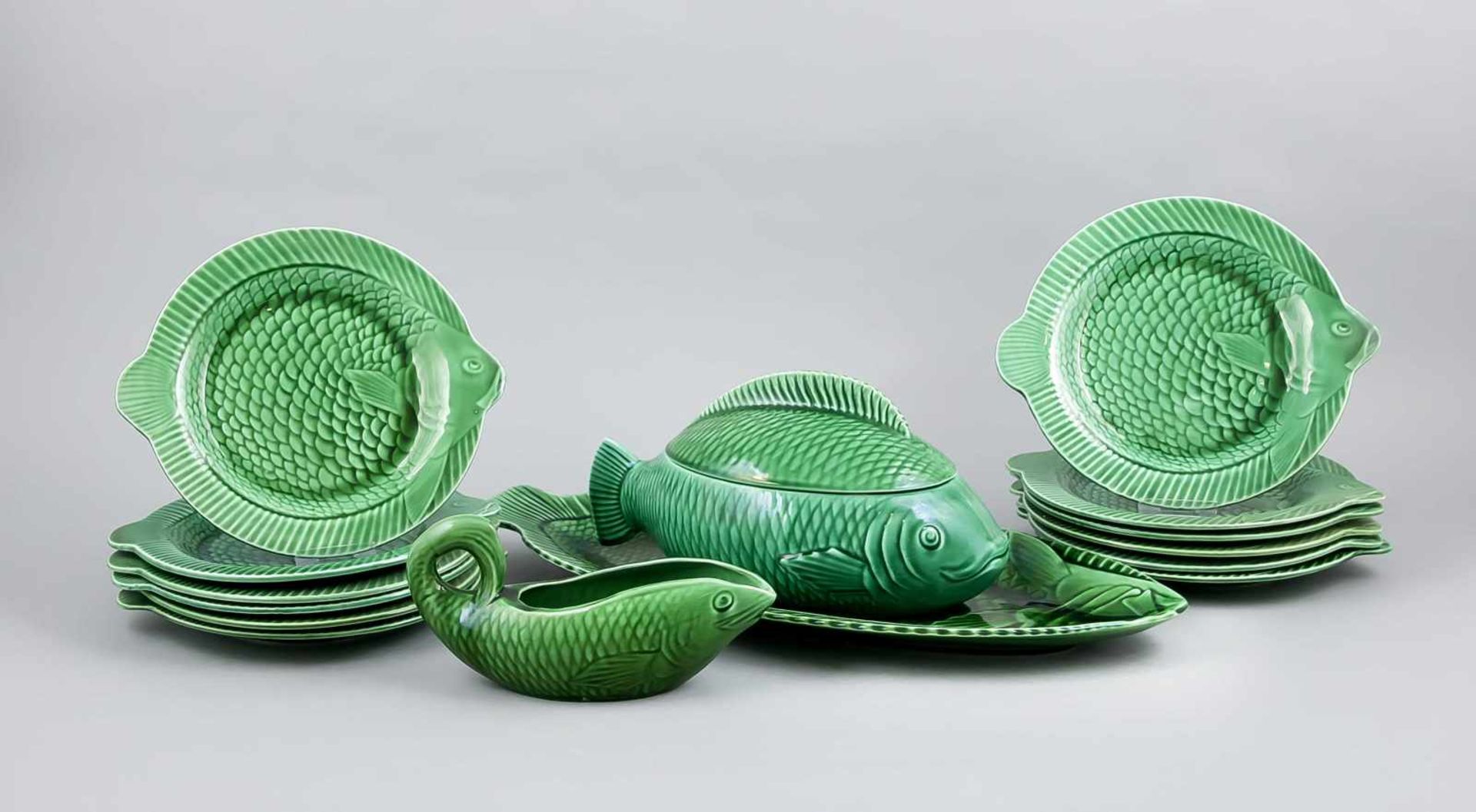 Fischservice, 15-tlg., Sarreguemines, Utzschneider & Cie., Frankreich, um 1930, Keramik,grün