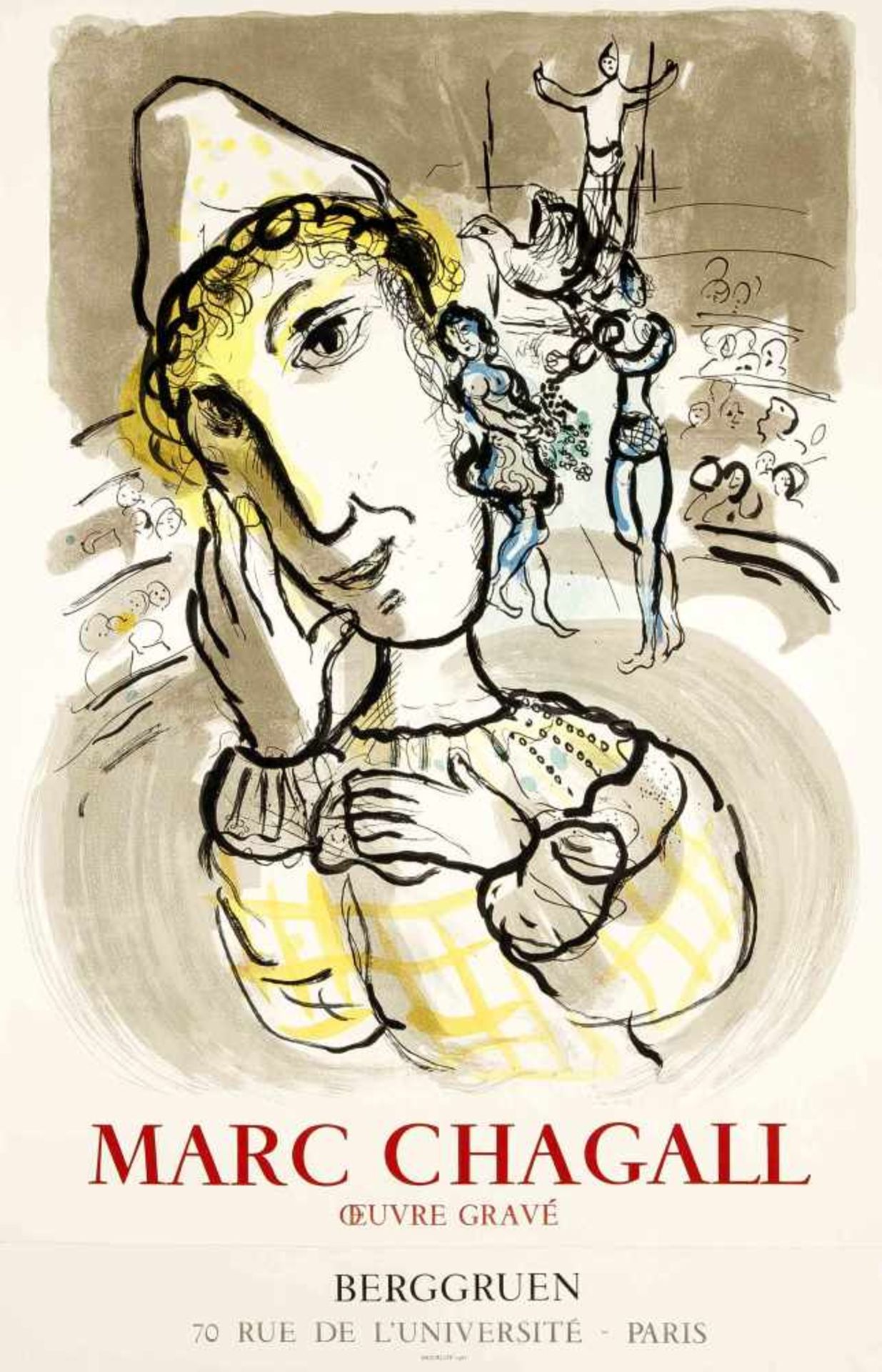 Marc Chagall (1887-1985), "Le Cirque au Clown jaune" (Oeuvre gravé), Ausstellungsplakatder Galerie