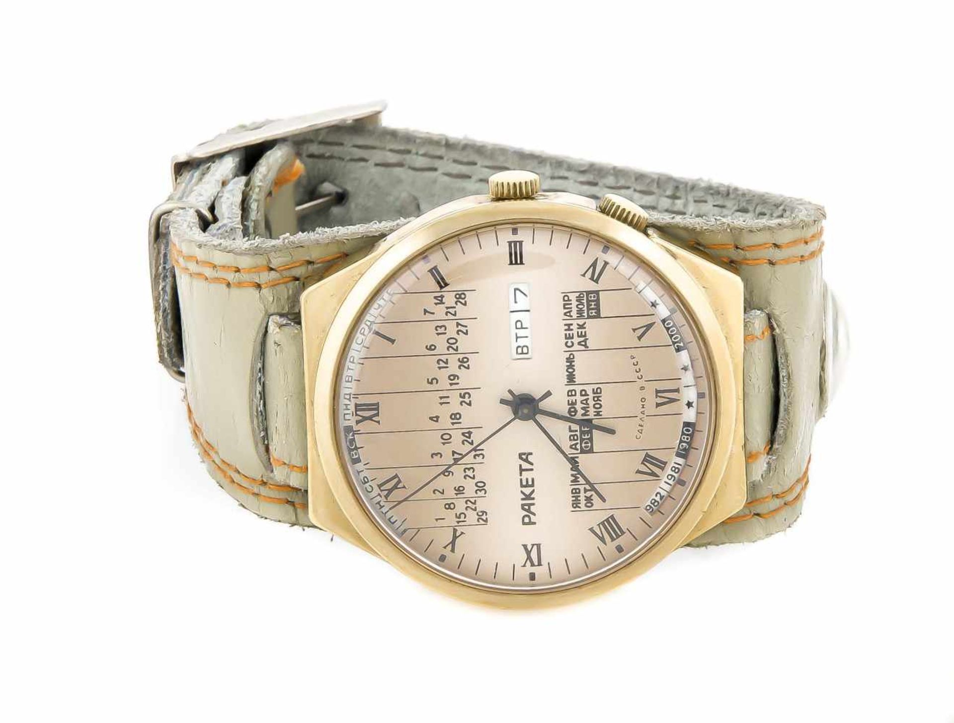 Herrenarmbanduhr Raketa, Handaufzug, läuft, seltene Ausführung mit Wochentag und Tag,sowie - Bild 2 aus 3