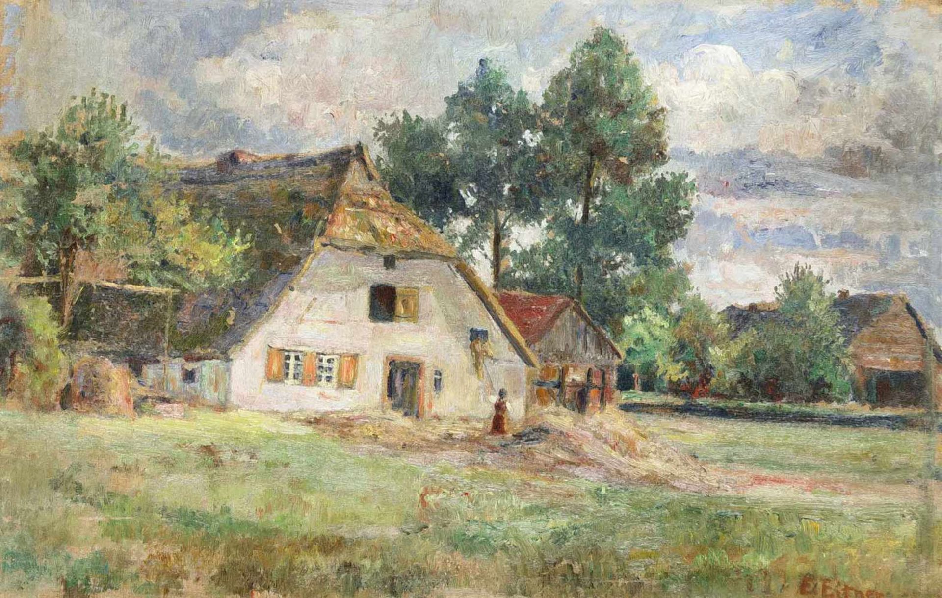 Ernst Eitner (1867-1955), sommerliche Ansicht eines Hofes in Worpswede, Öl aufungrundierter