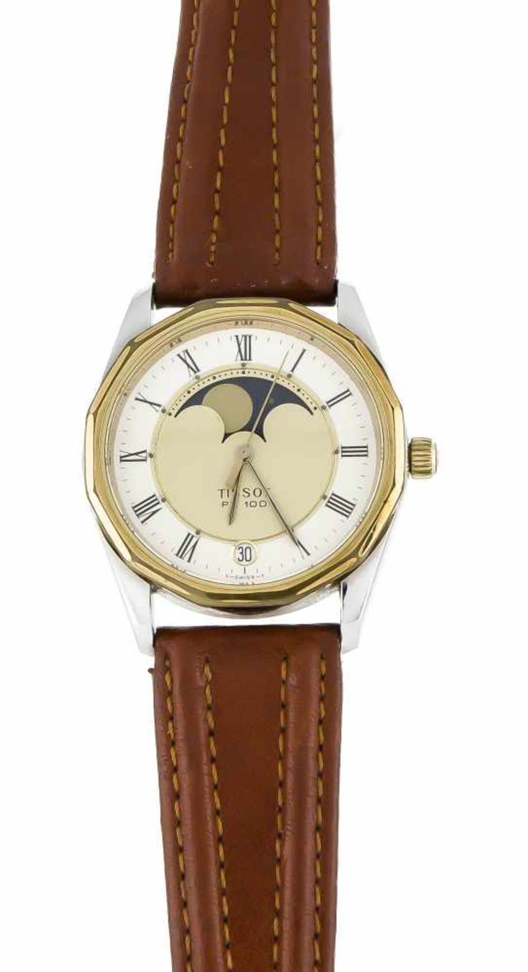 Herrenuhr Tissot Quarz, PR 100, WD 100 m, bicolor mit braunem Lederband, mehfarbigesZifferblatt