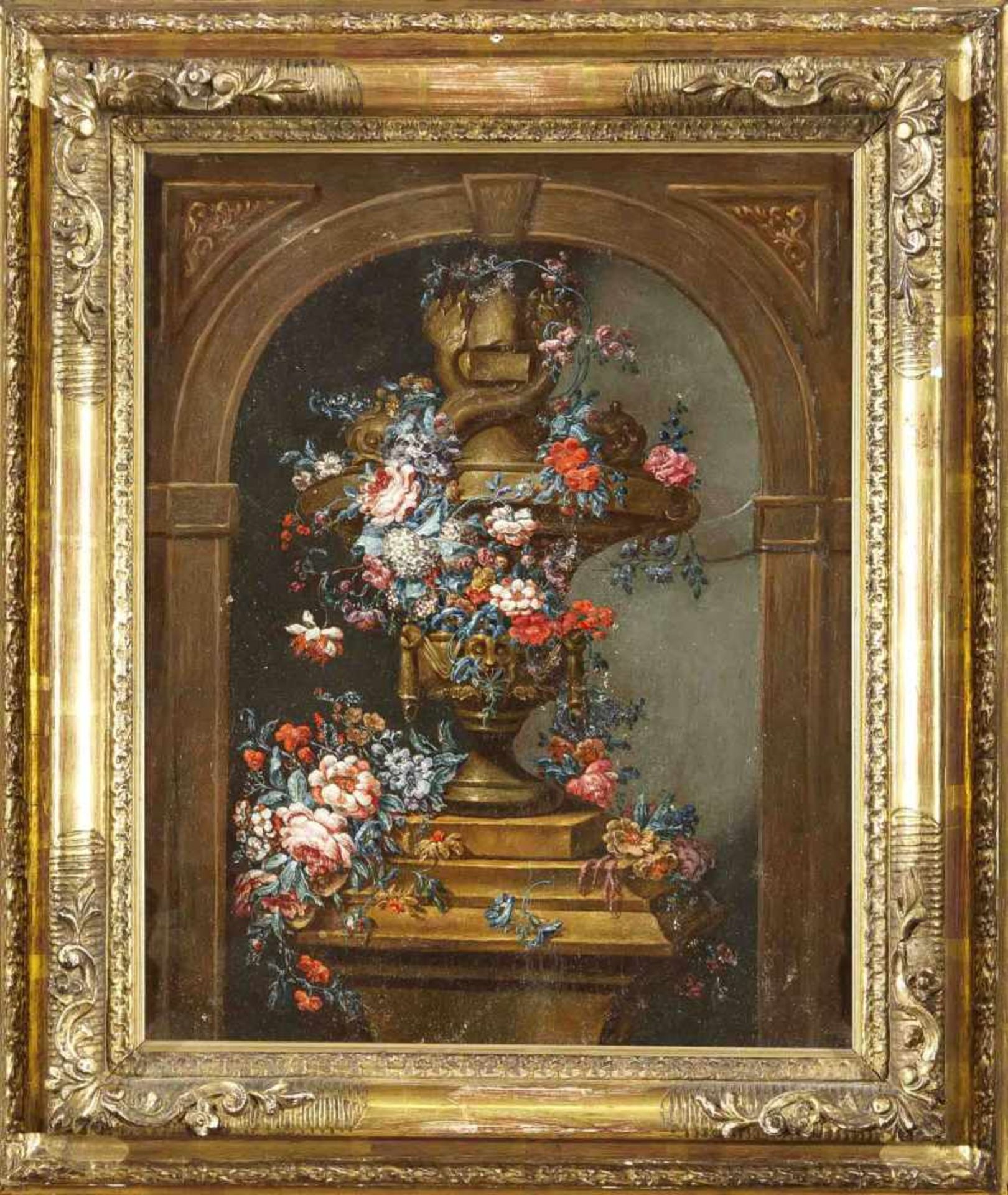 Pieter Hardimé (1677-1748) (attrib.), Stillleben mit Steinvase und Blumen in einer Nische.Fein