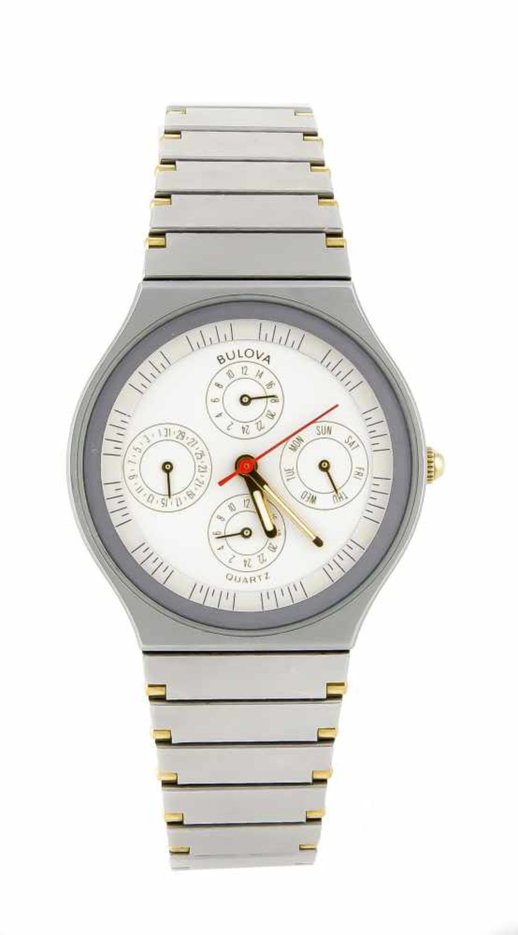 Bulova Uhr, Quarz, bicolor, mit Metallband und Faltschließe, weißes Zifferblatt mitBalken,