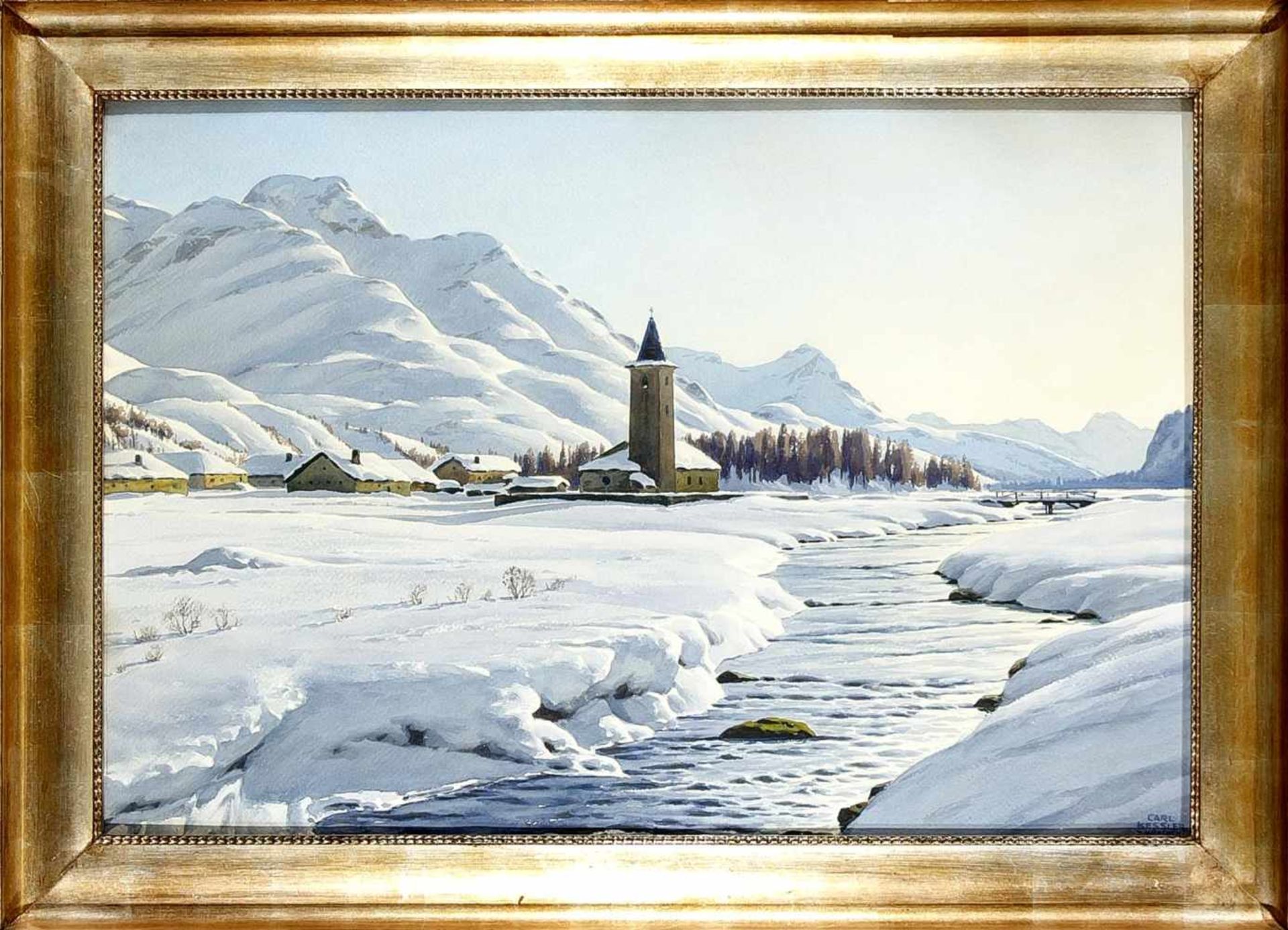 Carl Kessler (1876-1968), Winterlandschaft mit verschneitem Alpendorf, kontrastreiche,typische