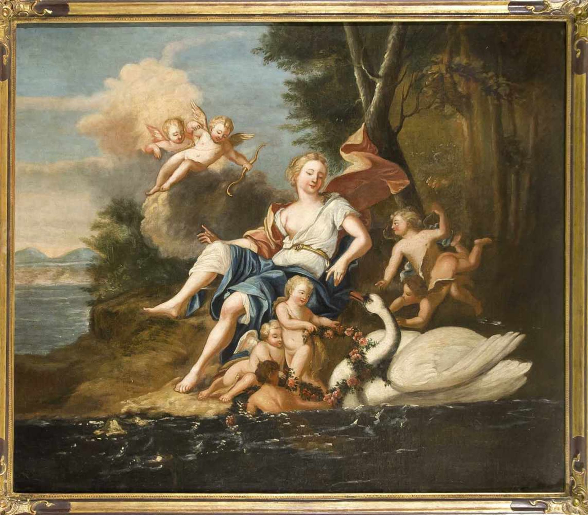 Französischer Altmeister um 1700, Leda mit dem Schwan. Eine züchtige Variante desbeliebten Motivs,