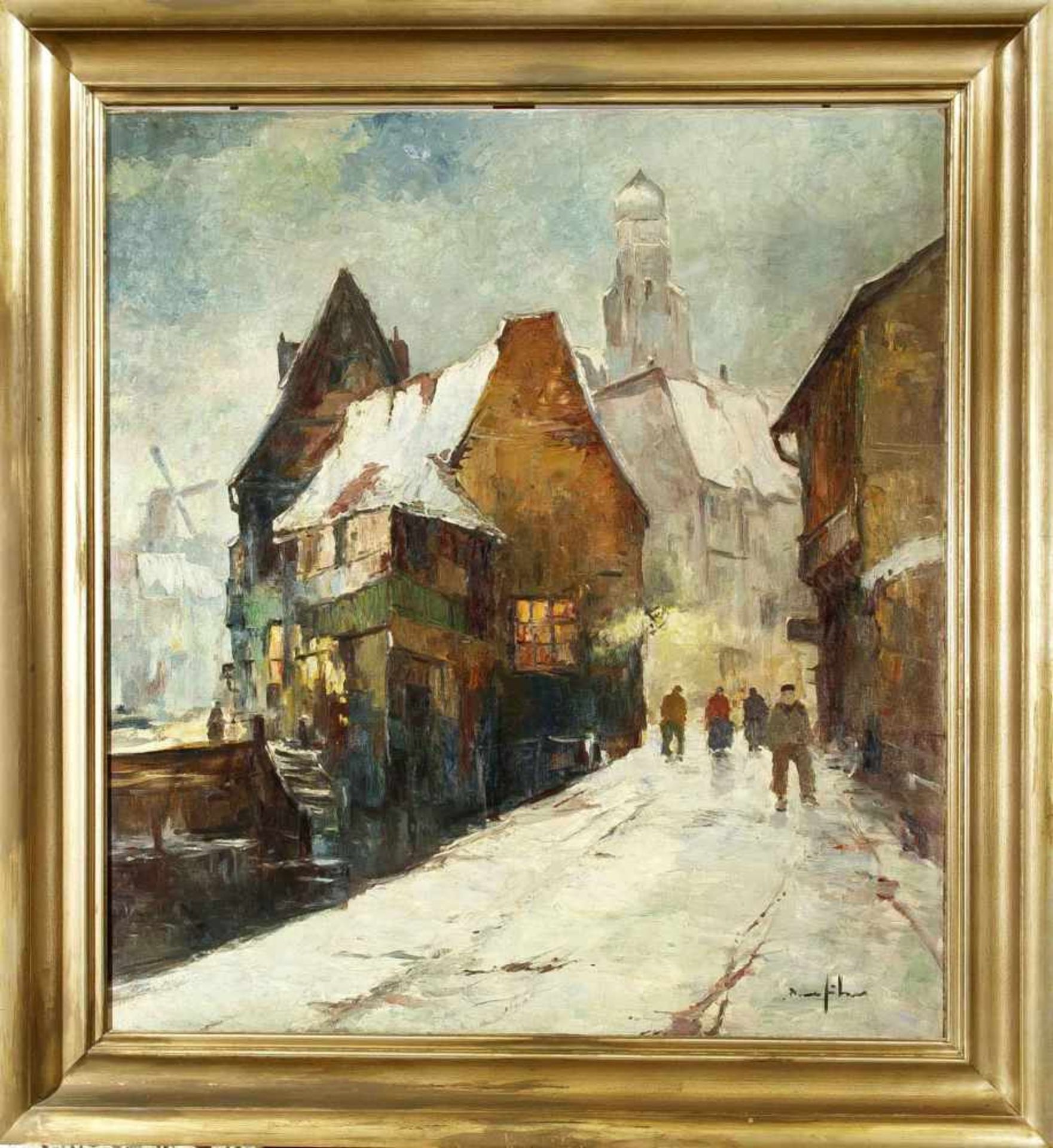 Bruno Jüttner (1880-1965), dt. Maler aus Wernigerode, sehr große winterliche Altstadtszenemit