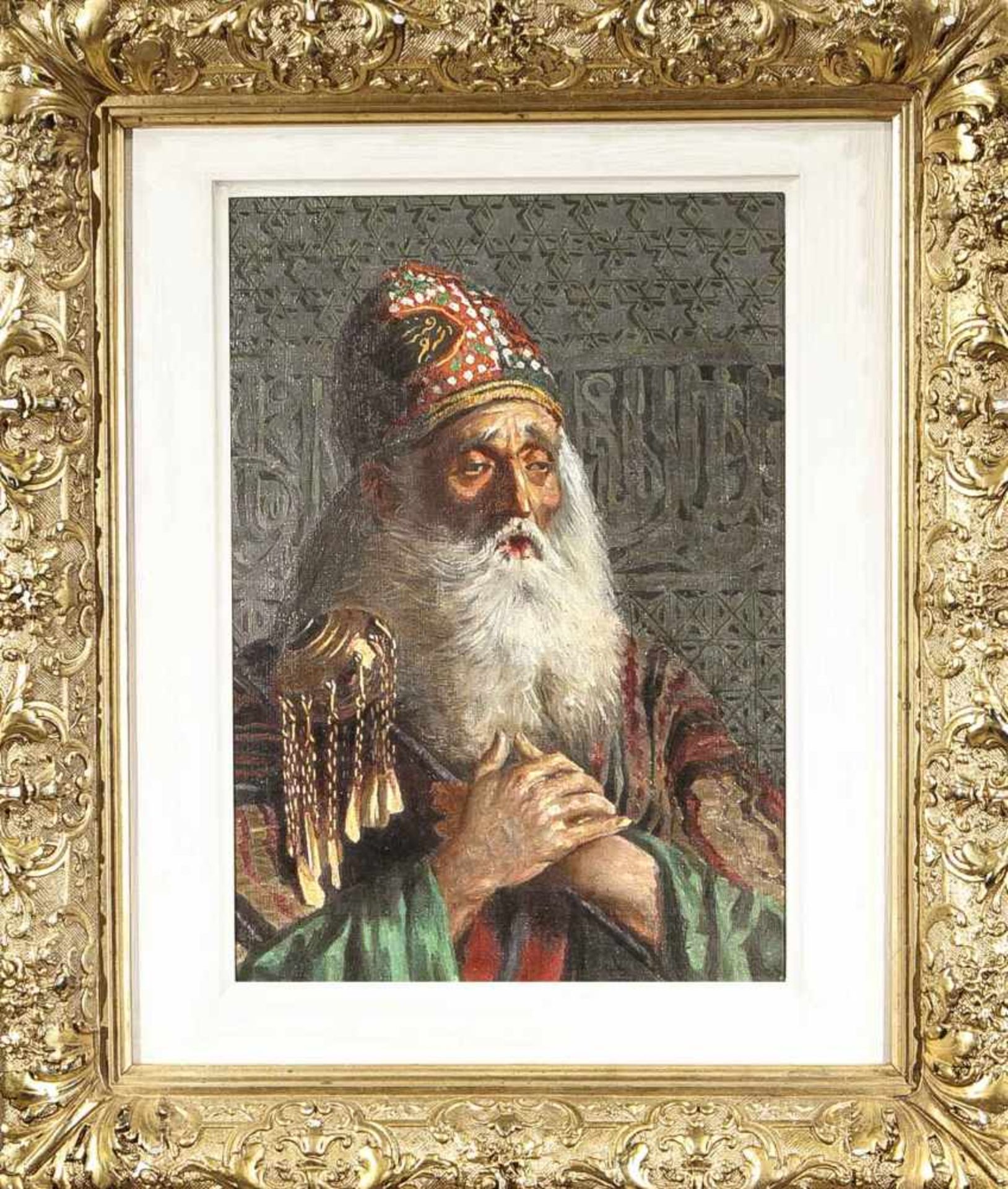 Anonymer Orientalist, 2. H. 20. Jh., betender Derwisch oder Sufi vor einer Palastmauer, Ölauf
