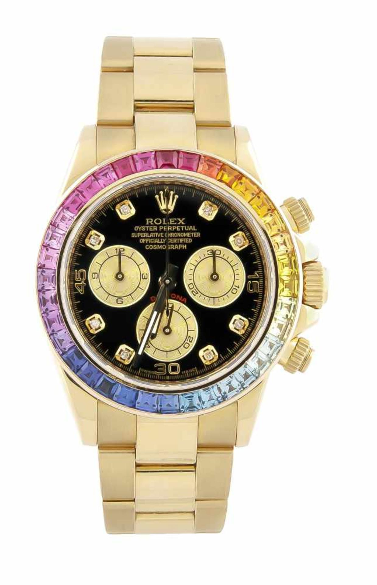 Rolex Daytona Rainbow, 116528, Gehäuse und Band 750/000 Gelbgold, mit Box und Papieren,Automatik