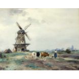Adrianus Johannes Groenewegen (1874-1963), Landschaft mit Kühen und Bäuerin vor einerWindmühle,