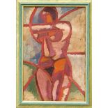 I. Nikolov, wohl russischer Maler des 20. Jh., abstrahierter weiblicher Akt, Öl auf Holz,u. re.