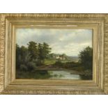 Unidentifizierter Maler 2. H. 19. Jh., weites Landschaftsidyll mit Landhaus undStaffagefiguren, Öl