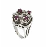 Rubin-Diamant-Ring WG 585/000 mit 4 rund fac. Rubinen 3 mm in guter Farbe und 8 Diamanten,zus. 0,