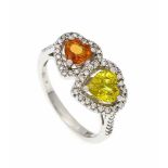Saphir-Herz-Brillant-Ring WG 750/000 mit je einem gelben und orangenen Saphir-Herz 6 - 5mm in sehr