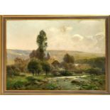 Heinrich Böhmer (1852-1930), Düsseldorfer Landschaftsmaler, hügelige Landschaft mit Dorf.Kühen und