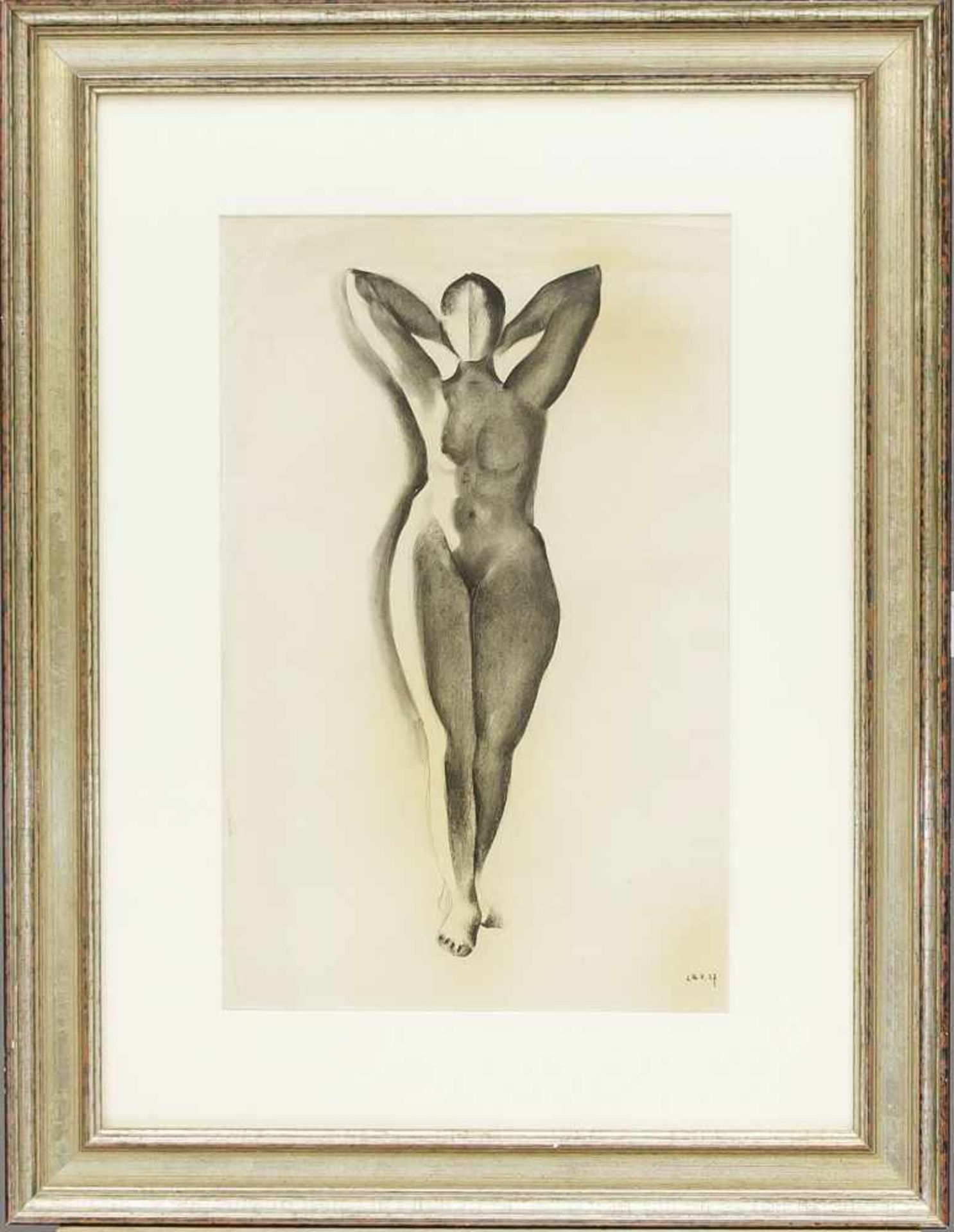 Anonymer Künstler um 1920, stilisierter, stehender, weiblicher Akt, der seinen Reiz ausder