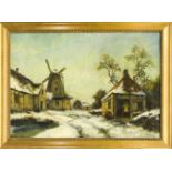 Ove Carl Svenson (1880-1976), dänischer Maler, verschneites Dorf mit Windmühle, Öl/Lwd.,u. re. sign.