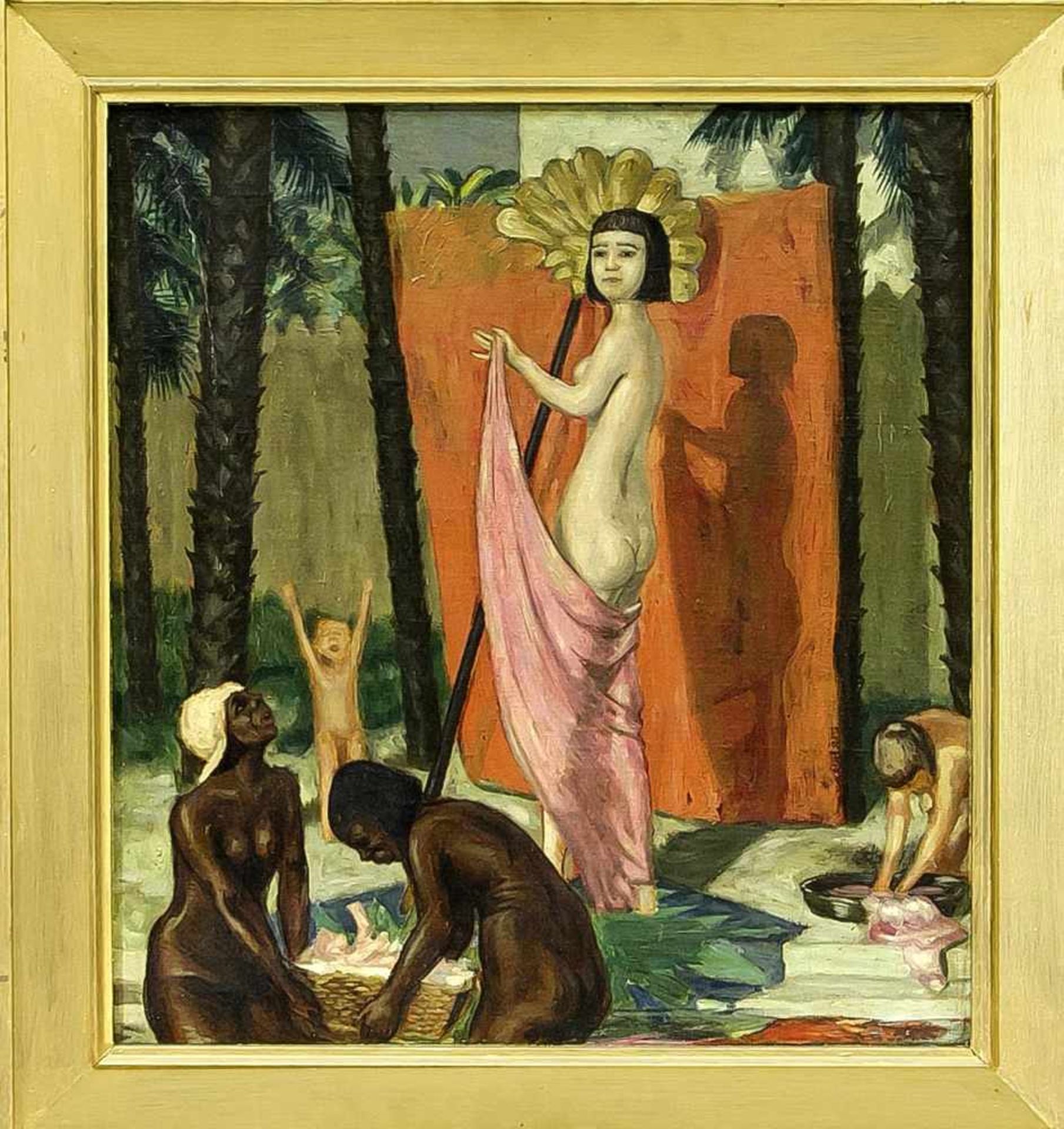 Anonymer Maler um 1900, exotische Nackte vor einem gespannten roten Tuch nach dem Bade,Öl/Leinwand/