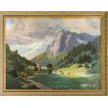 K. Gärge, süddt. Maler um 1900, Alpenlandschaft mit Kühen, Staffagefigur und Dorf imHintergrund,