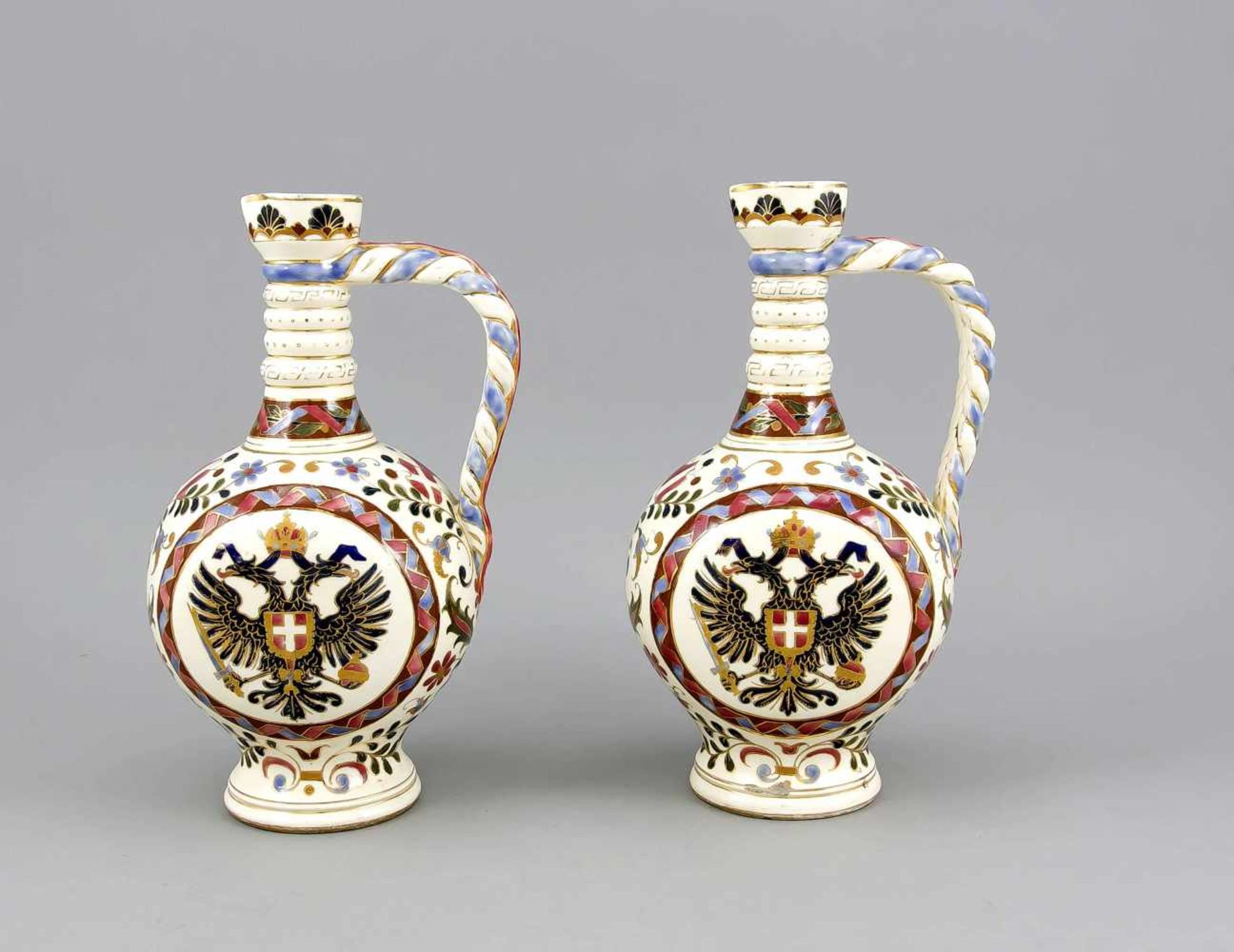 Paar Vasen mit österreichischem Doppeladler, w. Fischer, Budapest, Ende 19. Jh., Krüge mitrundem