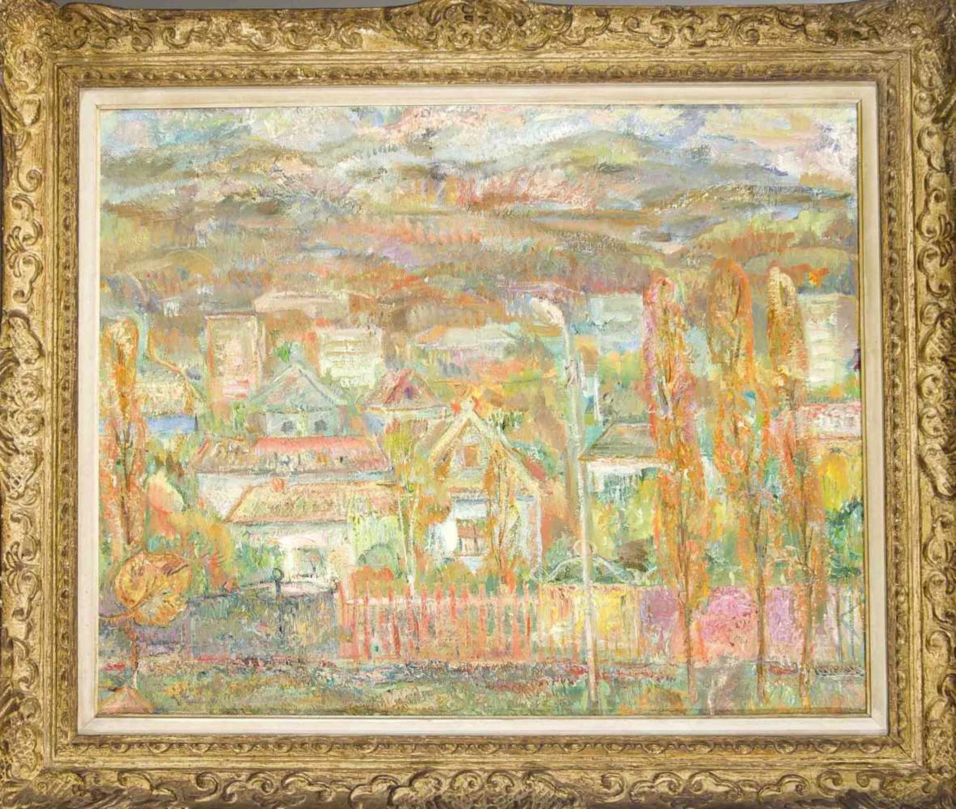 Michael M. Aksirov (*1957), russischer Maler, expressive Herbstlandschaft mit Blick überein Dorf, Öl