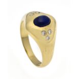 Saphir-Brillant-Ring GG 750/000 mit einem ovalen Saphir-Cabochon 6,6 x 5 mm in guter Farbeund 6