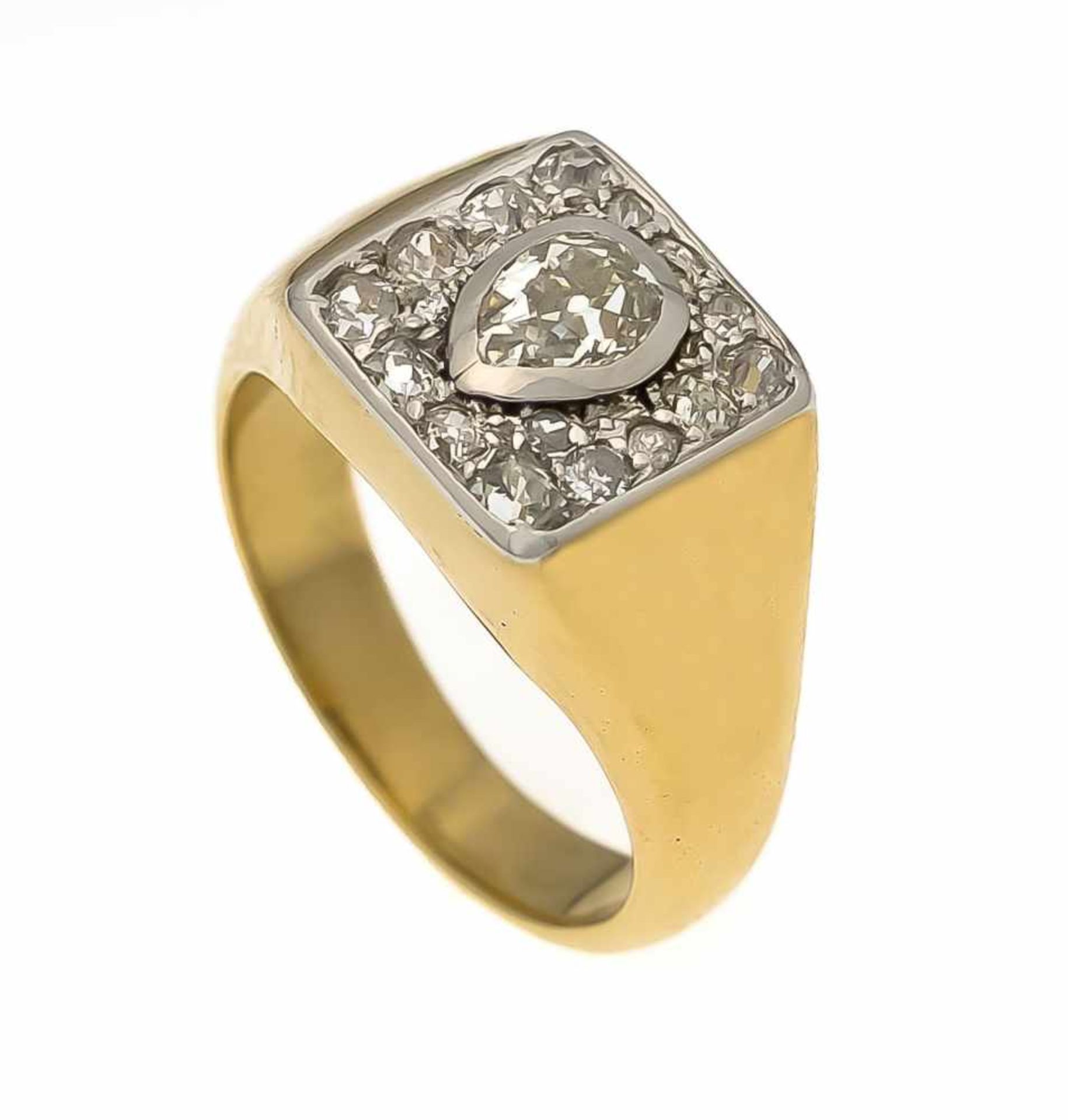 Brillant-Ring GG/WG 750/000 mit einem Altschliff-Diamant-Tropfen 0,60 ct l.get. W/SI und16