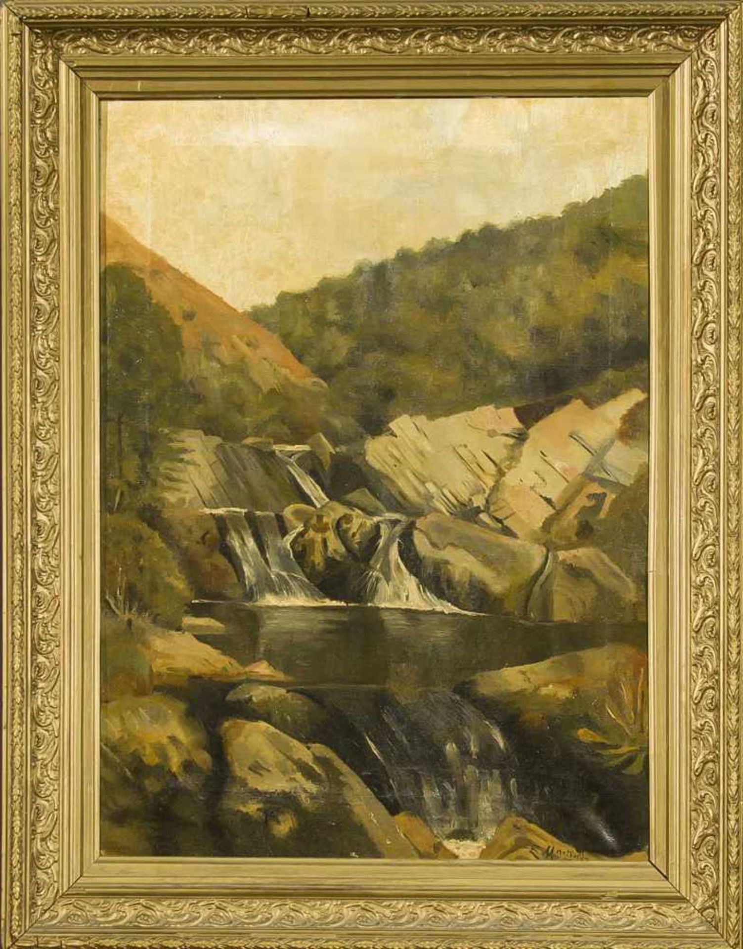 E. Martinez, 1. H. 20. Jh., Gebirgslandschaft mit Wasserfall, Öl auf Lwd., u. re. sign."E.