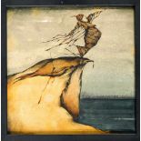 Gertrude Degenhardt (*1940), Figur auf einer Klippe mit blutiger Pfeilwunde stehend,aquarellierte