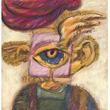 T. Valentin, rumänischer Maler Ende 20. Jh., sakrale Komposition mit Pokal, Auge, Hand undOhr, teils