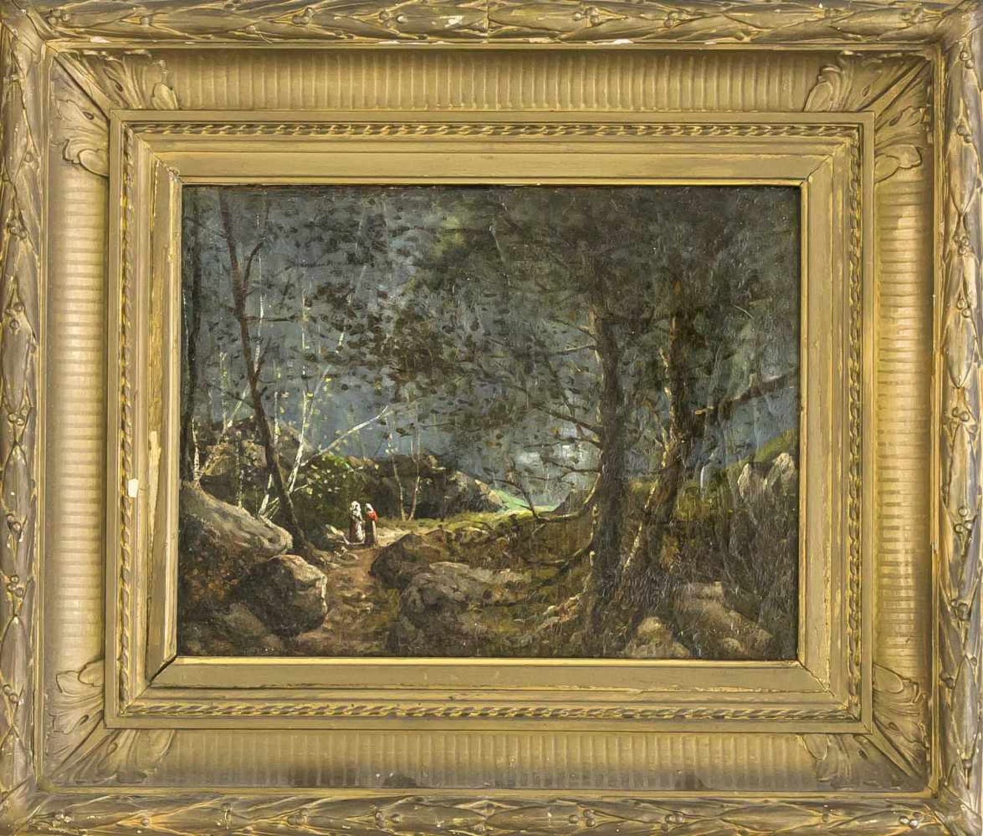Guiseppe Antonio A. Visconti (1830-1880), Landschaftsmaler in Mailand, "Waldpartie mitBäuerinnen",