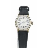 Damenuhr, Art Deco, mit weiß/schwarzer Emaille verziert, GG 585/000, Handaufzug, UhrwerkETA läuft