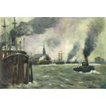 Ernst Volbrecht (1877-1964), Hamburger Hafen mit der Kehrwiederspitze, Öl auf Karton, u.re. sign.,